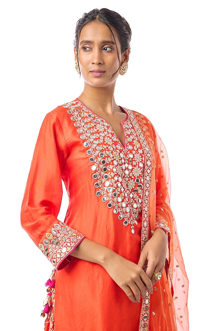 Orange Georgette Mirror Embroidered Kurta Set by GOPI VAID at Pernia's Pop Up Shop