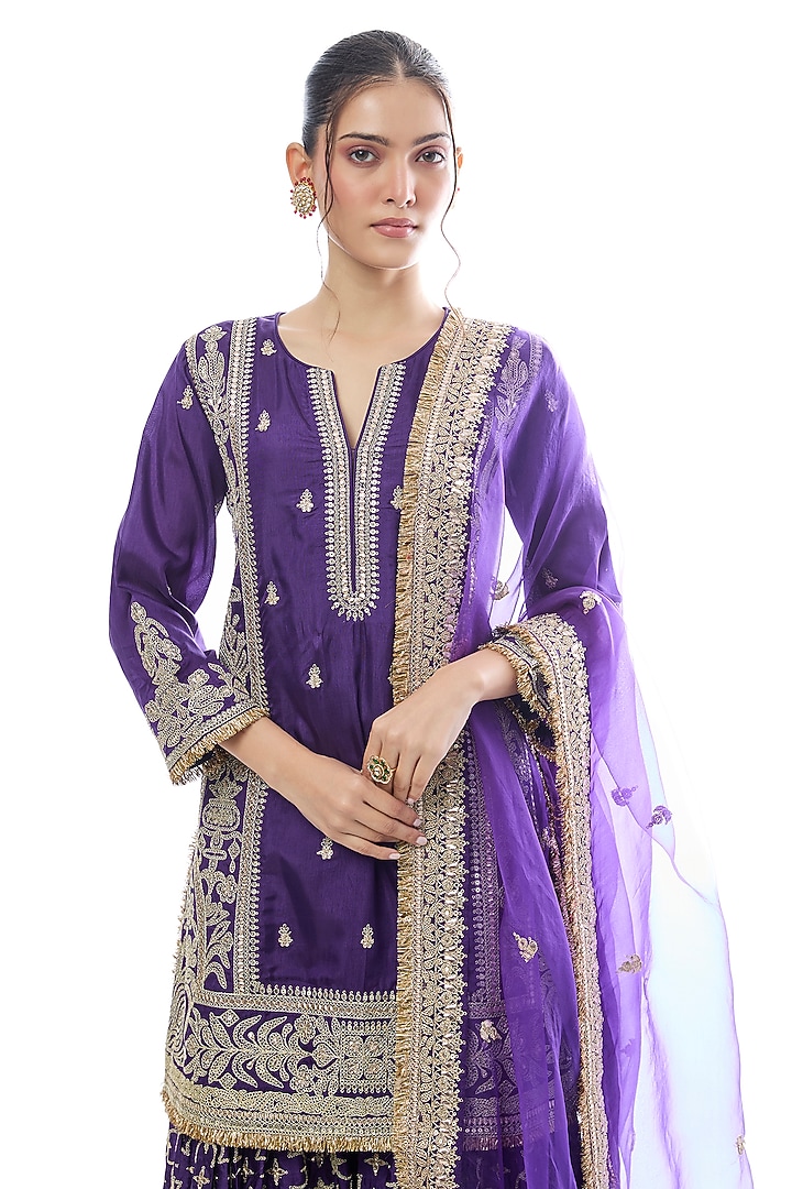 Purple Tussar Embellished Wedding Sharara Set by GOPI VAID at Pernia's Pop Up Shop