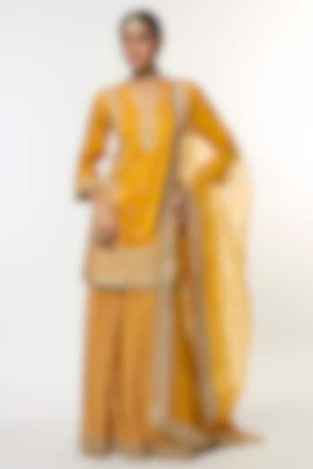 Yellow Tussar Embroidered Wedding Sharara Set by GOPI VAID at Pernia's Pop Up Shop