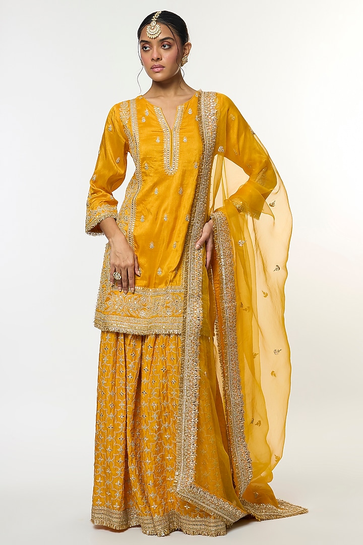 Yellow Tussar Embroidered Wedding Sharara Set by GOPI VAID at Pernia's Pop Up Shop