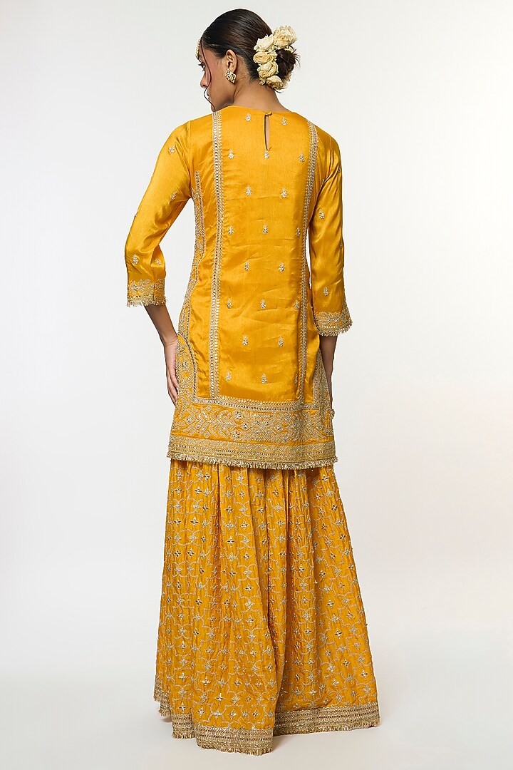 Yellow Tussar Embroidered Wedding Sharara Set by GOPI VAID at Pernia's Pop Up Shop