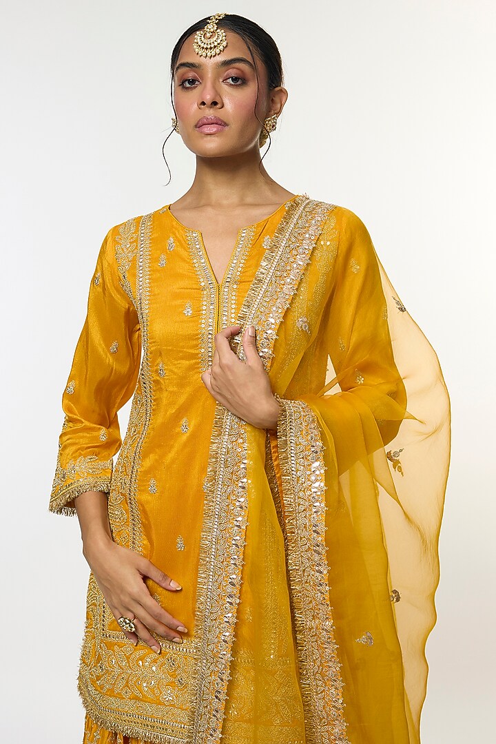 Yellow Tussar Embroidered Wedding Sharara Set by GOPI VAID at Pernia's Pop Up Shop