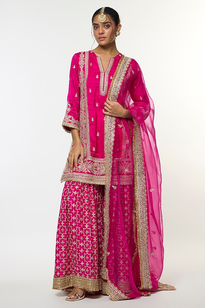 Pink Tussar Embroidered Wedding Sharara Set by GOPI VAID at Pernia's Pop Up Shop