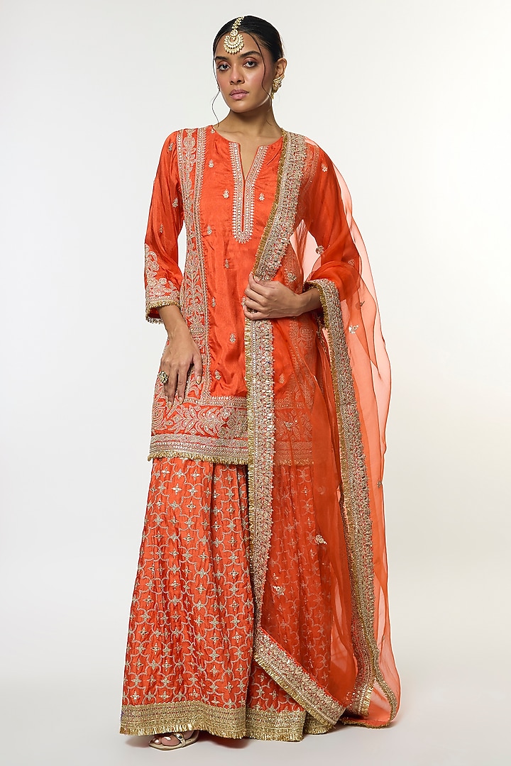 Orange Tussar Embroidered Wedding Sharara Set by GOPI VAID at Pernia's Pop Up Shop