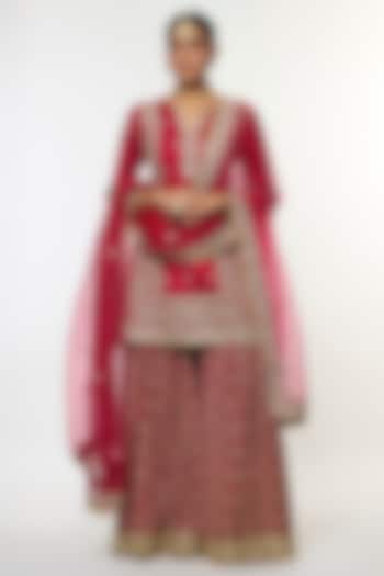 Red Tussar Embroidered Wedding Sharara Set by GOPI VAID at Pernia's Pop Up Shop