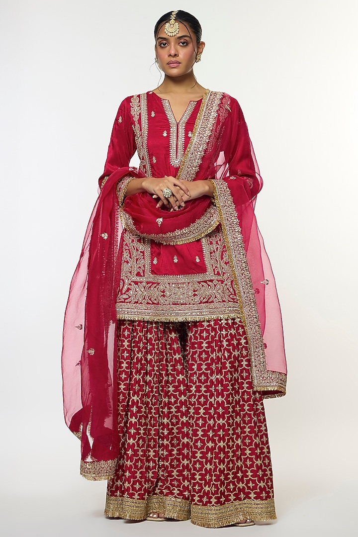 Red Tussar Embroidered Wedding Sharara Set by GOPI VAID at Pernia's Pop Up Shop