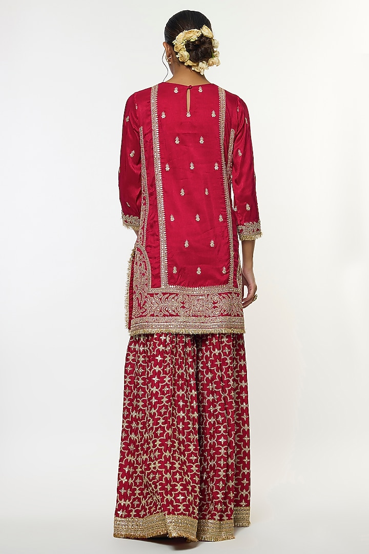 Red Tussar Embroidered Wedding Sharara Set by GOPI VAID at Pernia's Pop Up Shop