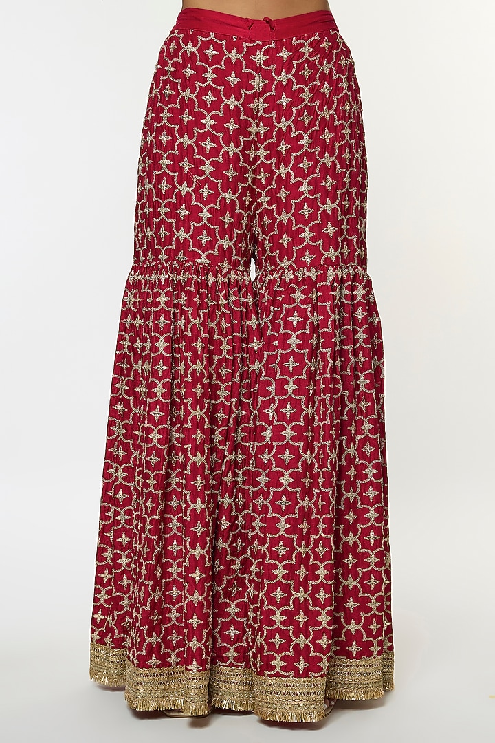Red Tussar Embroidered Wedding Sharara Set by GOPI VAID at Pernia's Pop Up Shop