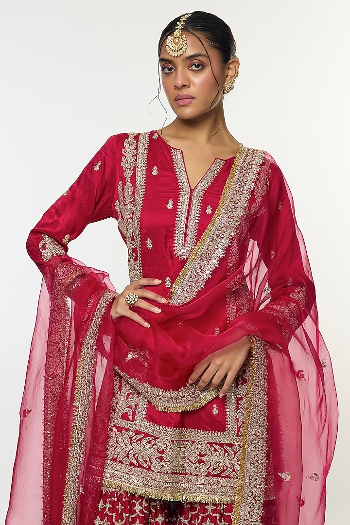 Red Tussar Embroidered Wedding Sharara Set by GOPI VAID at Pernia's Pop Up Shop