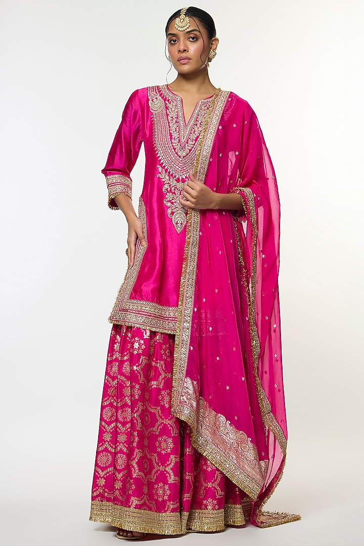 Pink Tussar Embroidered Wedding Sharara Set by GOPI VAID at Pernia's Pop Up Shop