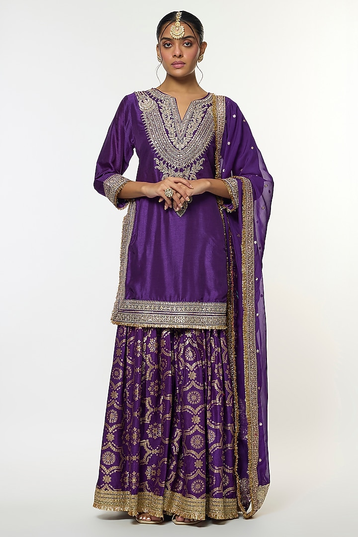 Purple Tussar Embroidered Wedding Sharara Set by GOPI VAID at Pernia's Pop Up Shop