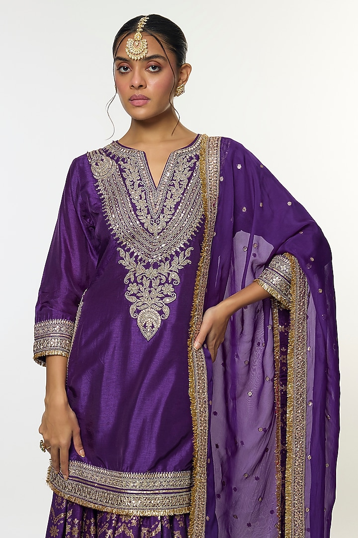 Purple Tussar Embroidered Wedding Sharara Set by GOPI VAID at Pernia's Pop Up Shop