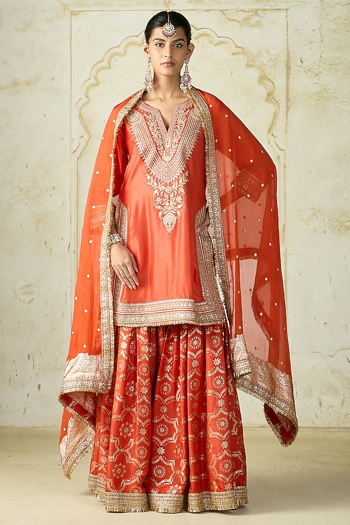 Orange Tussar Embroidered Wedding Sharara Set by GOPI VAID at Pernia's Pop Up Shop