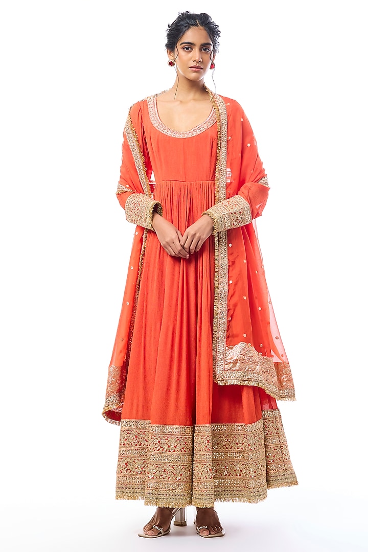 Orange Tussar Embroidered Wedding Anarkali Set by GOPI VAID at Pernia's Pop Up Shop