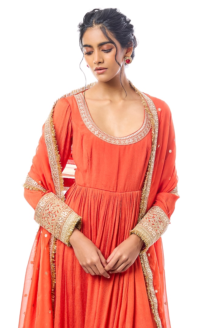 Orange Tussar Embroidered Wedding Anarkali Set by GOPI VAID at Pernia's Pop Up Shop