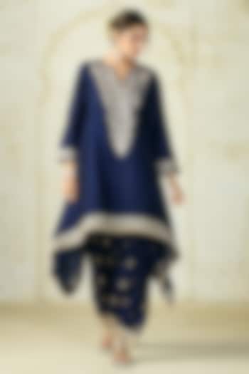 Navy Tussar Motif Embroidered Asymmetrical Kurta Set by GOPI VAID at Pernia's Pop Up Shop