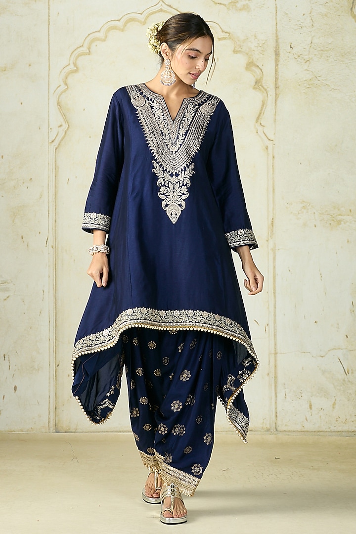 Navy Tussar Motif Embroidered Asymmetrical Kurta Set by GOPI VAID at Pernia's Pop Up Shop