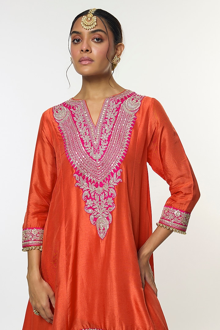 Orange Tussar Embroidered Asymmetrical Kurta Set by GOPI VAID at Pernia's Pop Up Shop