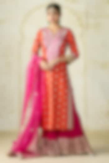 Orange Tussar Motif Work Straight Kurta Set by GOPI VAID at Pernia's Pop Up Shop