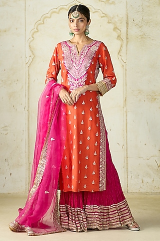 Orange Tussar Motif Work Straight Kurta Set by GOPI VAID
