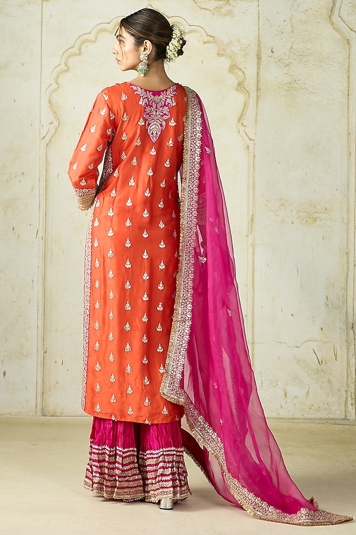 Orange Tussar Motif Work Straight Kurta Set by GOPI VAID at Pernia's Pop Up Shop