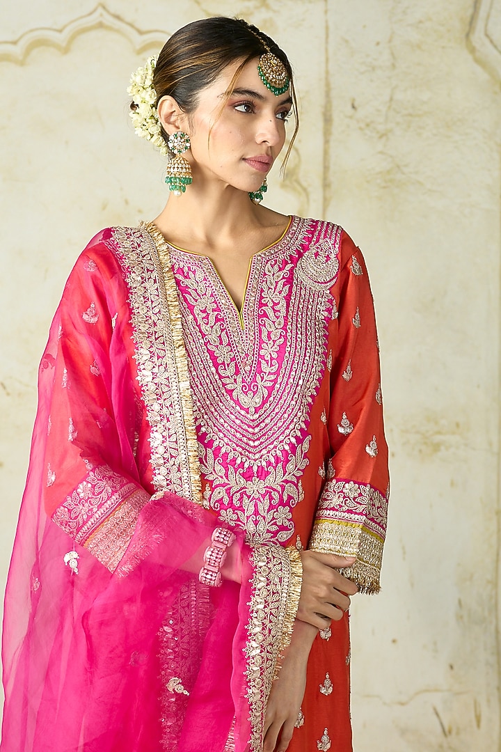 Orange Tussar Motif Work Straight Kurta Set by GOPI VAID at Pernia's Pop Up Shop