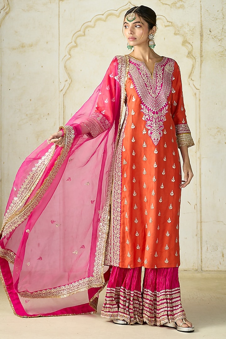 Orange Tussar Motif Work Straight Kurta Set by GOPI VAID at Pernia's Pop Up Shop