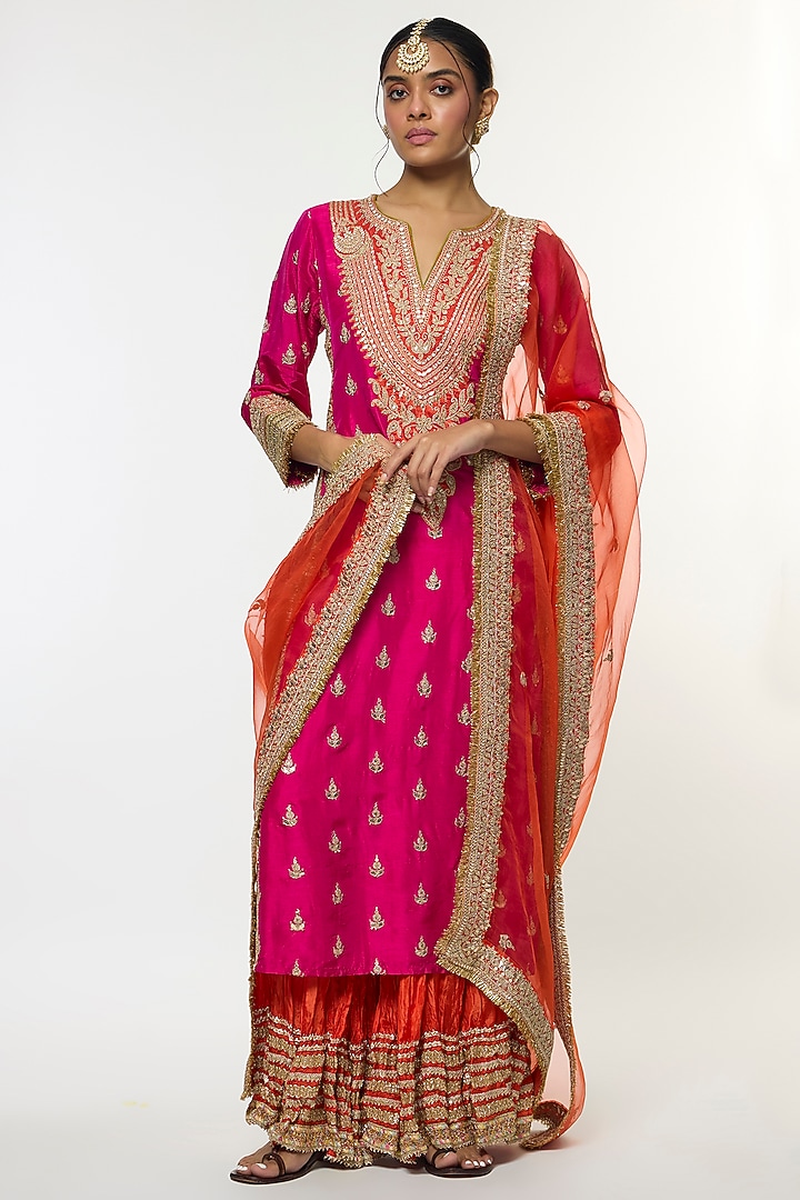 Pink Semi Silk Embroidered Wedding Sharara Set by GOPI VAID at Pernia's Pop Up Shop