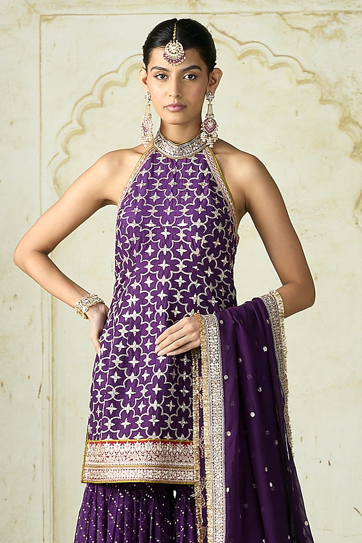 Purple Tussar Wedding Sharara Set by GOPI VAID at Pernia's Pop Up Shop