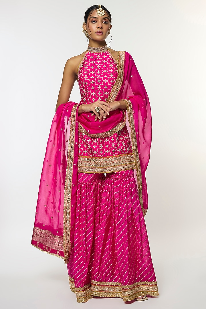 Pink Organza Embroidered Wedding Sharara Set by GOPI VAID at Pernia's Pop Up Shop