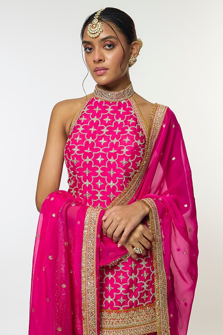 Pink Organza Embroidered Wedding Sharara Set by GOPI VAID at Pernia's Pop Up Shop
