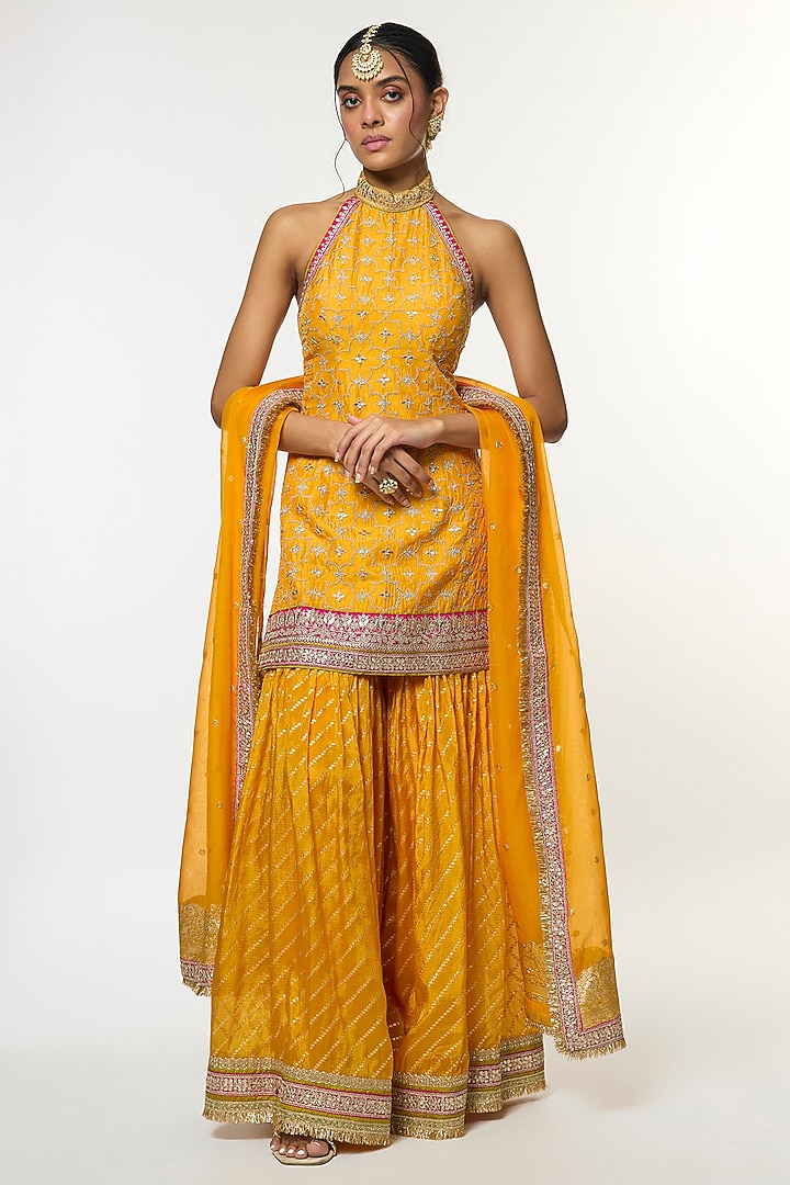 Yellow Organza Embroidered Wedding Sharara Set by GOPI VAID at Pernia's Pop Up Shop
