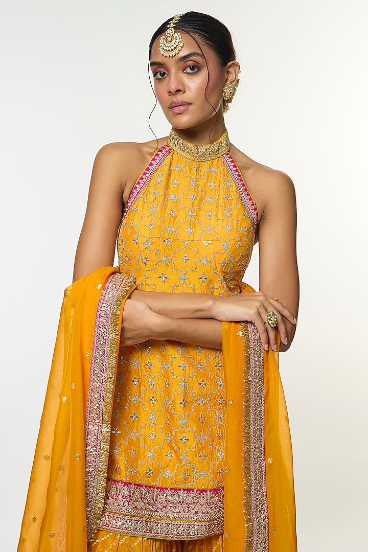Yellow Organza Embroidered Wedding Sharara Set by GOPI VAID at Pernia's Pop Up Shop