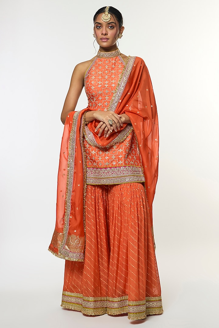 Orange Organza Embroidered Wedding Sharara Set by GOPI VAID at Pernia's Pop Up Shop