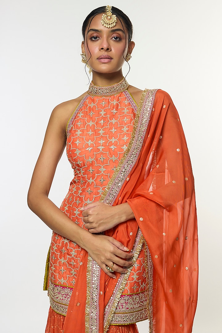 Orange Organza Embroidered Wedding Sharara Set by GOPI VAID at Pernia's Pop Up Shop