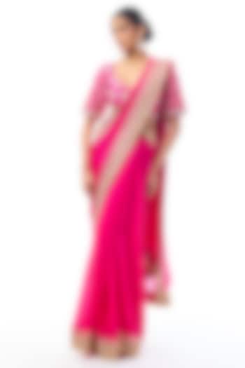 Pink Chiffon Embroidered Wedding Saree Set by GOPI VAID at Pernia's Pop Up Shop