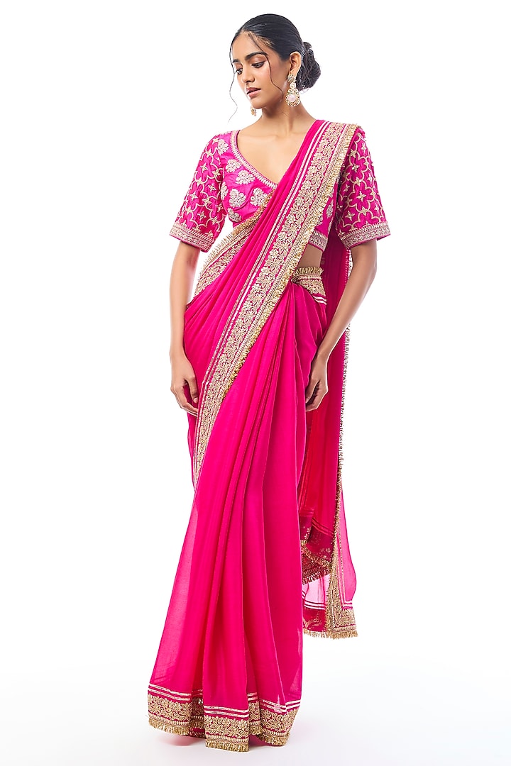 Pink Chiffon Embroidered Wedding Saree Set by GOPI VAID at Pernia's Pop Up Shop