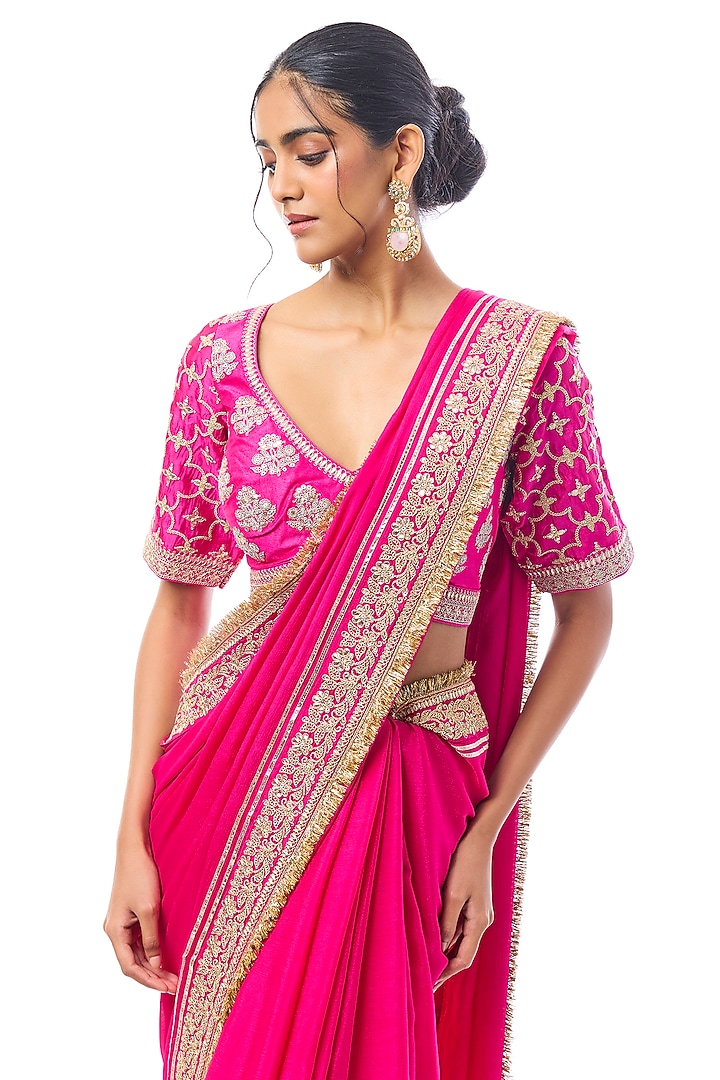 Pink Chiffon Embroidered Wedding Saree Set by GOPI VAID at Pernia's Pop Up Shop