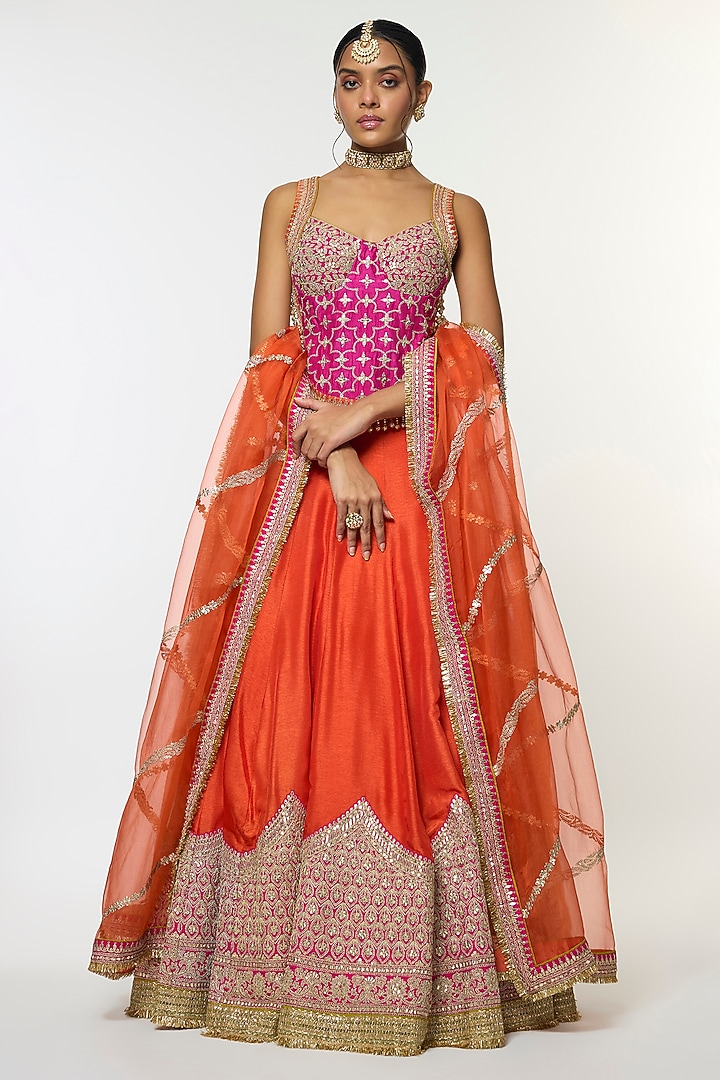 Orange Tussar Embellished Flowy Wedding Lehenga Set by GOPI VAID at Pernia's Pop Up Shop