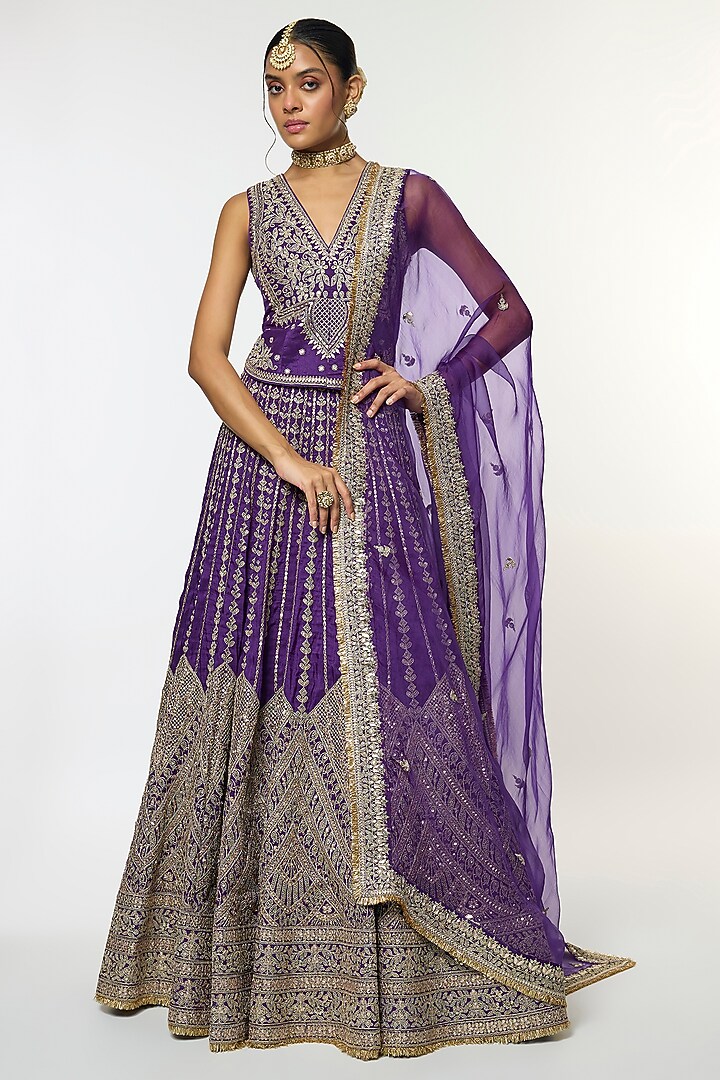 Purple Tussar Motif Embellished Bridal Lehenga Set by GOPI VAID at Pernia's Pop Up Shop