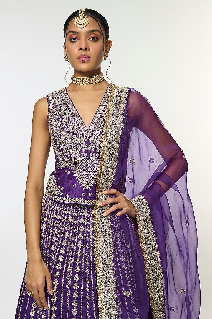 Purple Tussar Motif Embellished Bridal Lehenga Set by GOPI VAID at Pernia's Pop Up Shop
