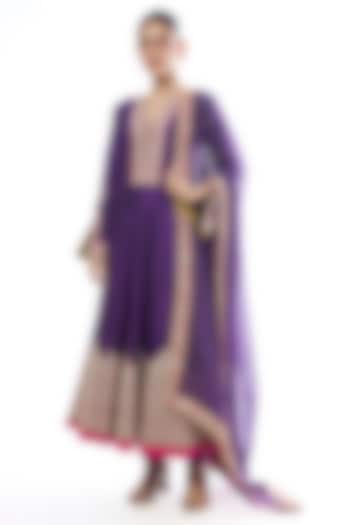Purple Tussar Motif Wedding Anarkali Set by GOPI VAID at Pernia's Pop Up Shop