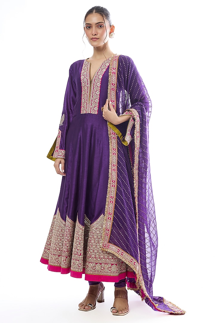 Purple Tussar Motif Wedding Anarkali Set by GOPI VAID at Pernia's Pop Up Shop