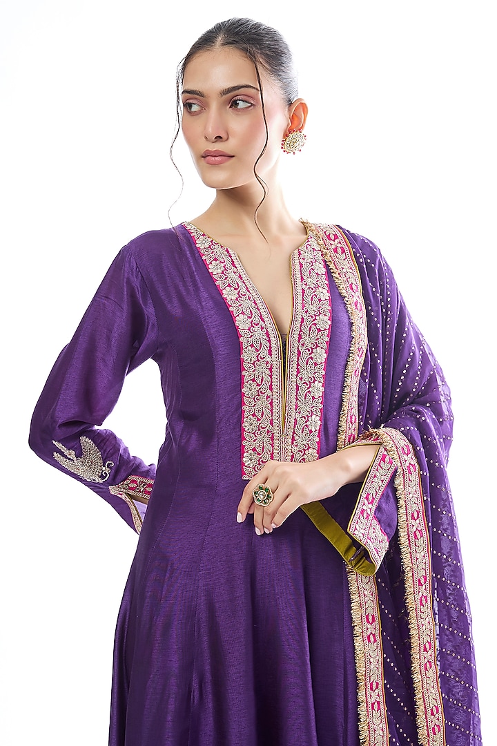 Purple Tussar Motif Wedding Anarkali Set by GOPI VAID at Pernia's Pop Up Shop