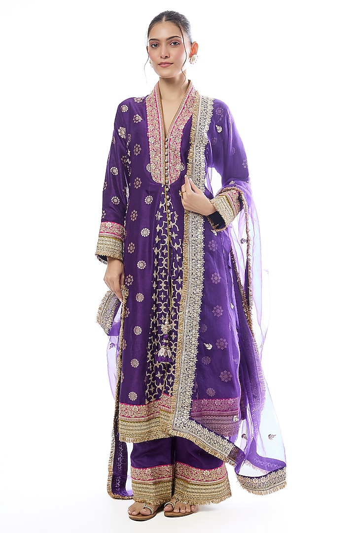 Purple Tussar Embellished Wedding Anarkali Set by GOPI VAID at Pernia's Pop Up Shop