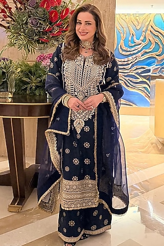 Blue Tussar Motifs Embroidered Kurta Set by Gopi Vaid