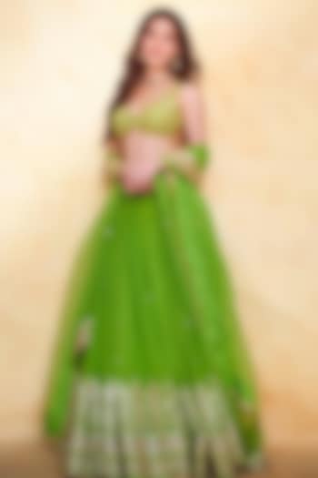 Lime Green Georgette Motif Embellished Wedding Lehenga Set by Gopi Vaid at Pernia's Pop Up Shop