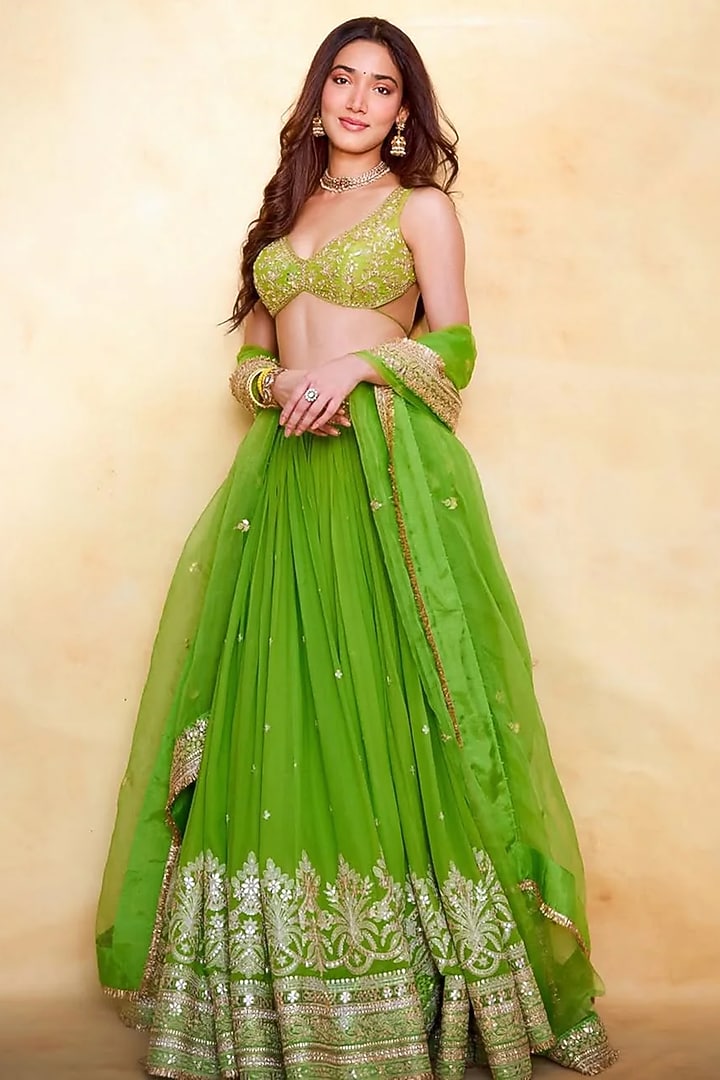 Lime Green Georgette Motif Embellished Wedding Lehenga Set by Gopi Vaid at Pernia's Pop Up Shop