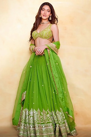 Lime Green Georgette Motif Embellished Lehenga Set by Gopi Vaid