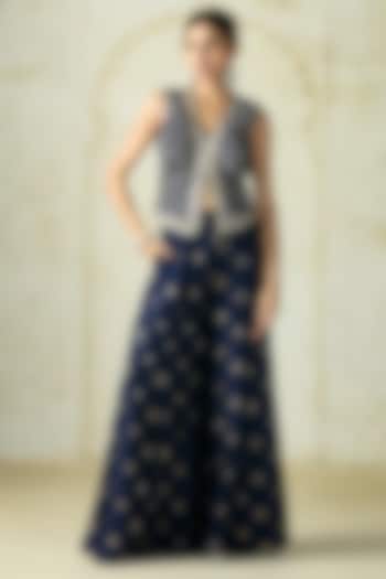 Navy Blue Tussar Embroidered Co-Ord Set by Gopi Vaid at Pernia's Pop Up Shop